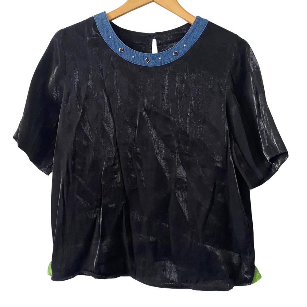 City Girl Sport Vintage Black Metallic Blouse Denim Studded Collar Size 16 USA